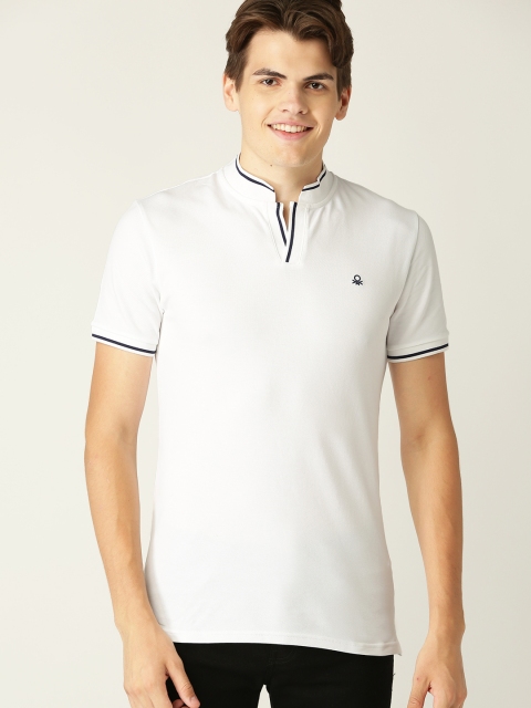 

United Colors of Benetton Men White Solid Stand Collar T-shirt