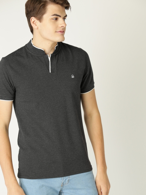 

United Colors of Benetton Men Charcoal Grey Solid Stand Collar T-shirt