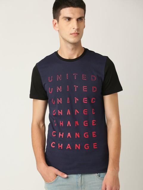 

United Colors of Benetton Men Navy Blue & Black Printed Round Neck T-shirt