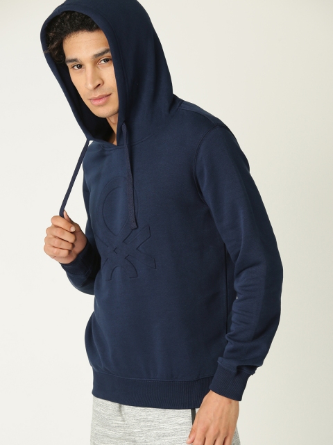 

United Colors of Benetton Men Navy Blue Embossed Print Hooded Sweatshirt