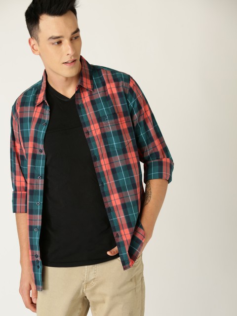 

United Colors of Benetton Men Green & Orange Regular Fit Checked Casual Shirt