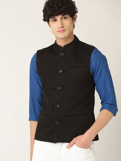 

United Colors of Benetton Men Black Denim Solid Nehru Jacket