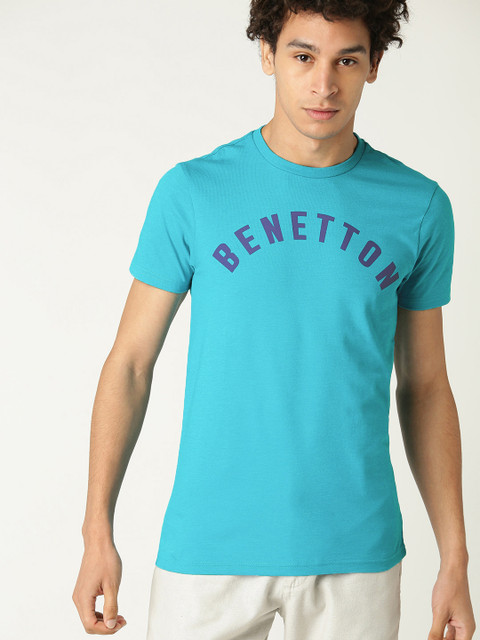 

United Colors of Benetton Men Turquoise Blue Printed Detail Round Neck T-shirt
