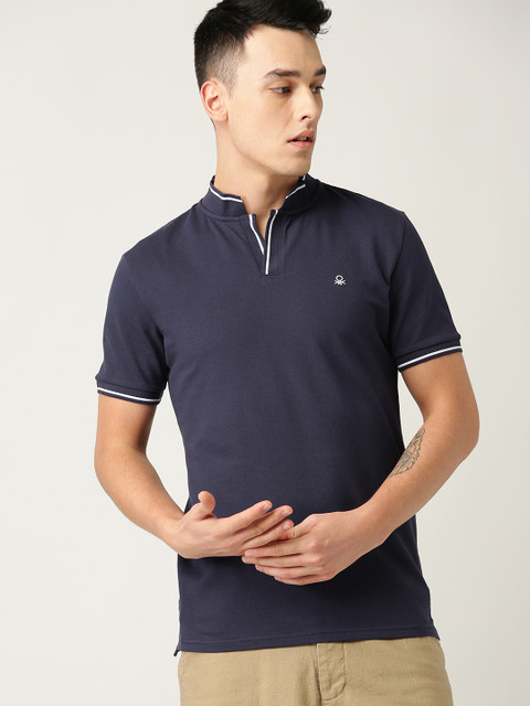 

United Colors of Benetton Men Navy Blue Solid Stand Collar T-shirt