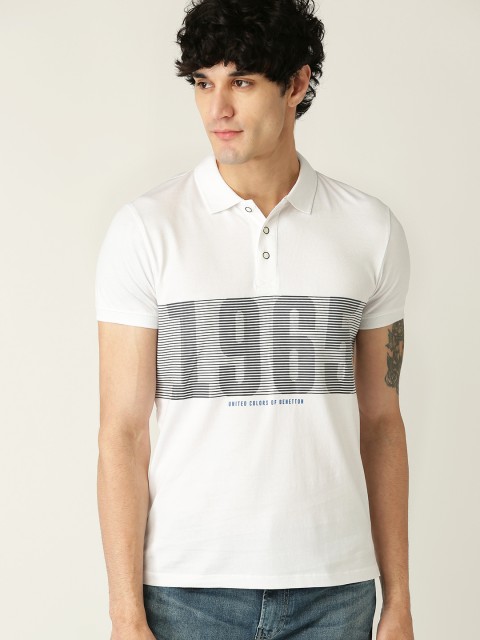 

United Colors of Benetton Men White & Black Printed Polo Collar T-shirt