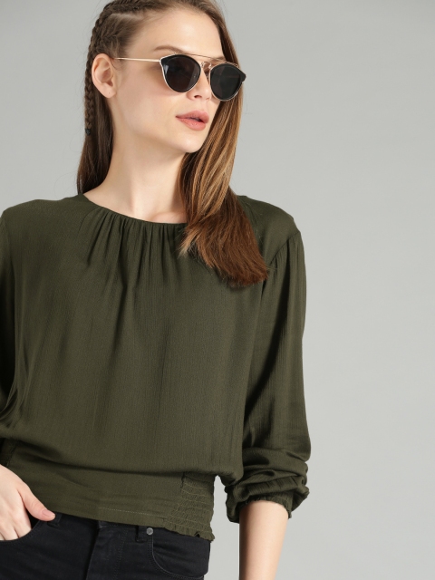 

Roadster Women Olive Green Solid Smocked Blouson Top