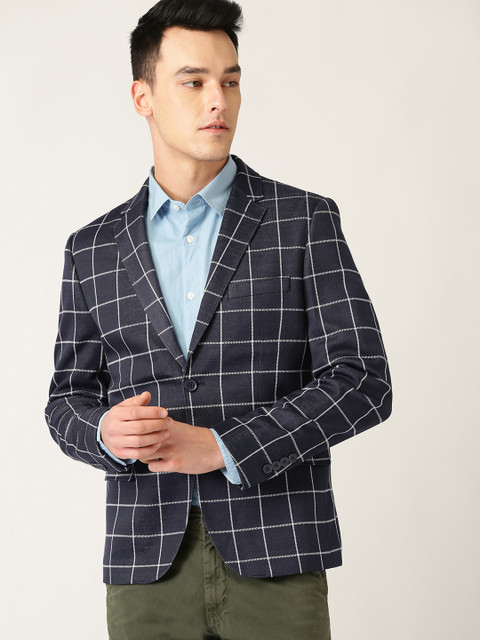 

United Colors of Benetton Men Navy Blue & White Checked Single-Breasted Casual Blazer