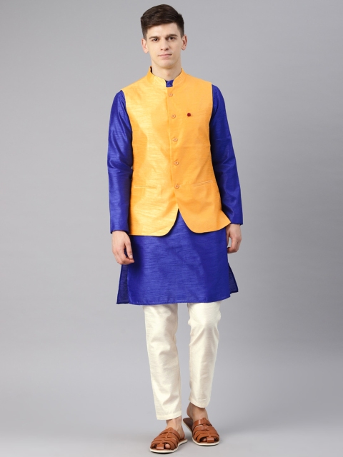 

Freehand Men Blue & Cream-Coloured Solid Kurta Set with Nehru Jacket