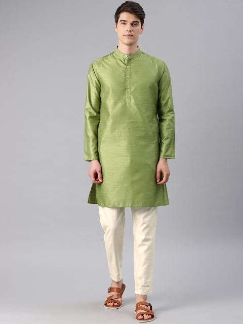 

Freehand Men Green & Cream-Coloured Solid Kurta with Pyjamas