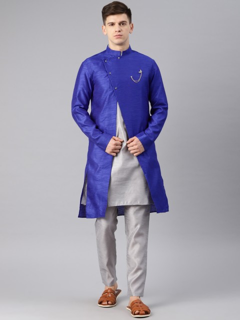 

Freehand Men Blue & Grey Solid Sherwani Set With Jacket