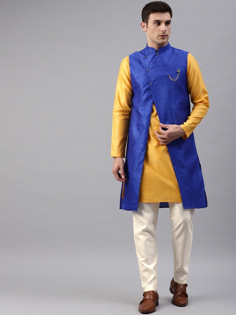 

Freehand Men Navy Blue & Cream-Coloured Solid Sherwani Set with jacket