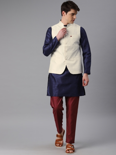 

Freehand Men Navy Blue & Maroon Solid Kurta with Pyjama & Nehru Jacket