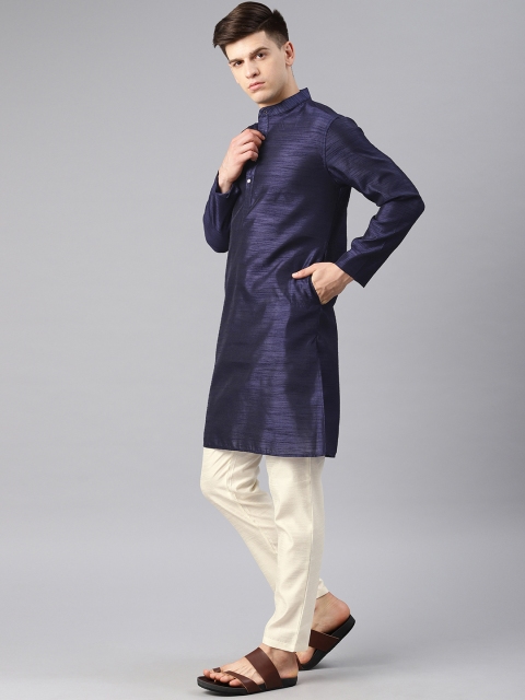 

Freehand Men Navy Blue & Cream Solid Kurta with Pyjamas