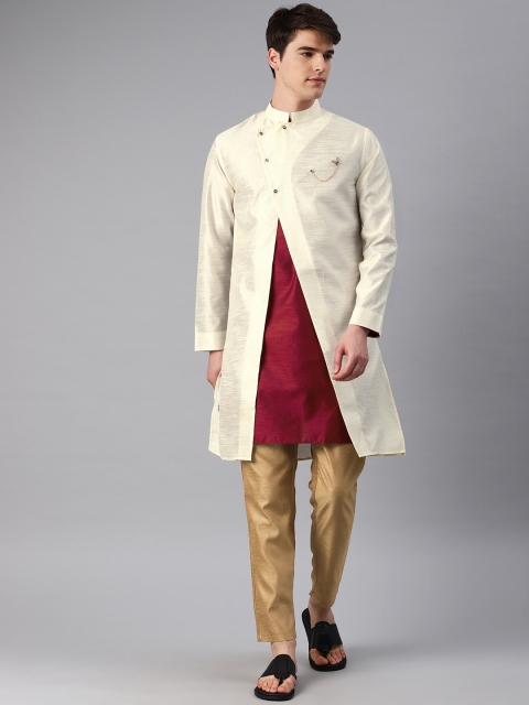 

Freehand Men Cream-Coloured & Maroon Solid Sherwani Set With Jacket