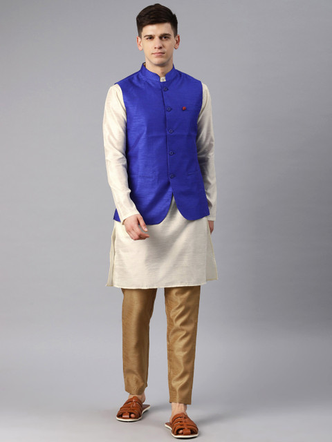 

Freehand Men Cream-Coloured & Golden Solid Kurta with Pyajamas & Nehru Jacket