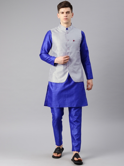 

Freehand Men Grey & Blue Solid Kurta Set with Nehru Jacket