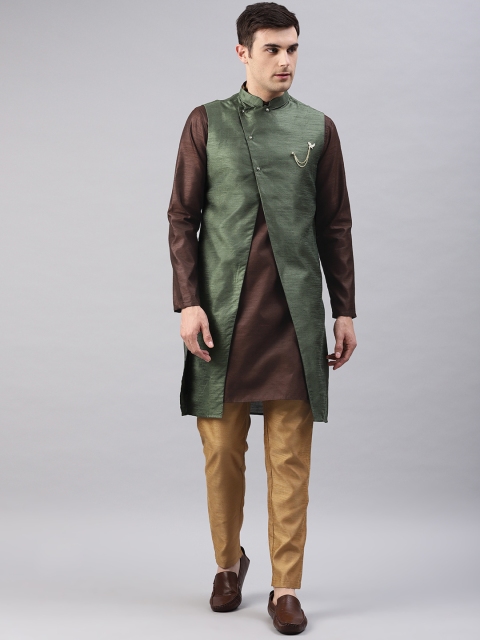 

Freehand Men Olive Green & Coffee Brown Solid Sherwani Set With Jacket