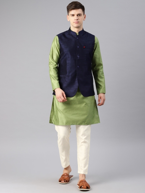 

Freehand Men Green & Navy Solid Kurta with Pyjamas & Nehru Jacket