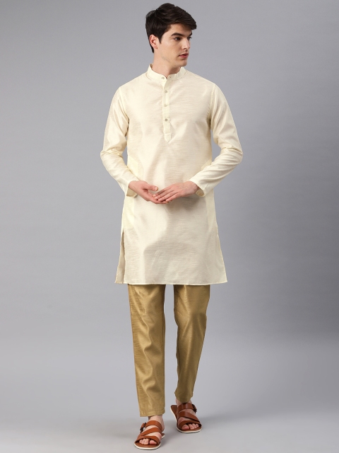 

Freehand Men Cream-Coloured & Gold-Coloured Solid Kurta with Pyjamas