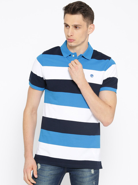 

Timberland Men Blue & White Pique Wide Striped Polo T-shirt
