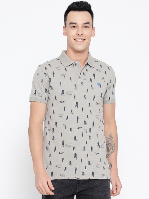 

Timberland Men Grey & Navy Blue Printed Slim Fit AF AOP Blocked Pique Eleph Polo T-Shirt