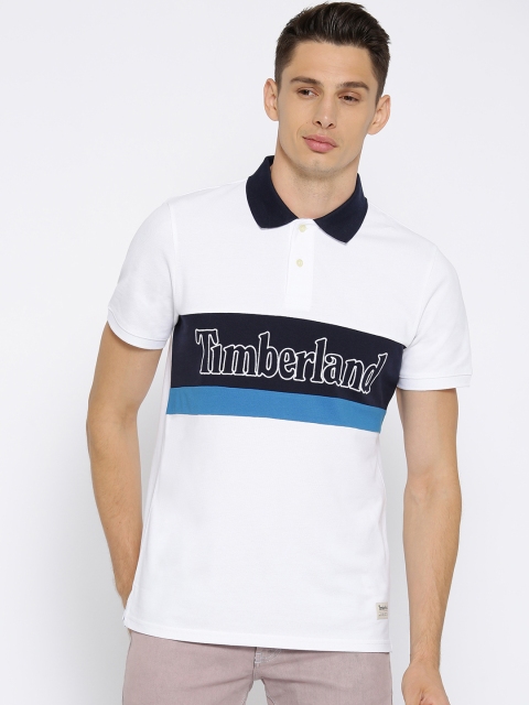 

Timberland Men White & Blue AF Millrs Rvr sl Dark Embroidered Detail Polo Collar T-shirt