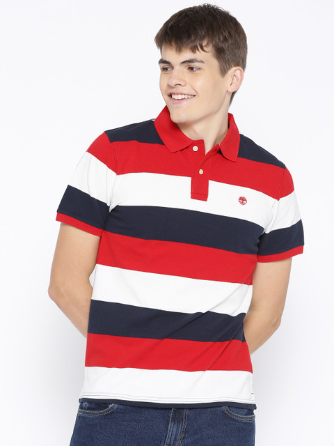 

Timberland Men Red & White Pique Wide Striped Polo Collar T-shirt