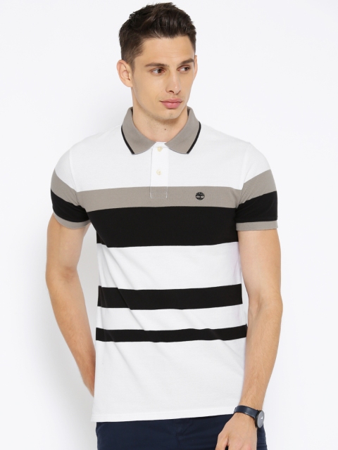 

Timberland Men White & Black AF ecl Mulit-Striped Polo Collar T-shirt