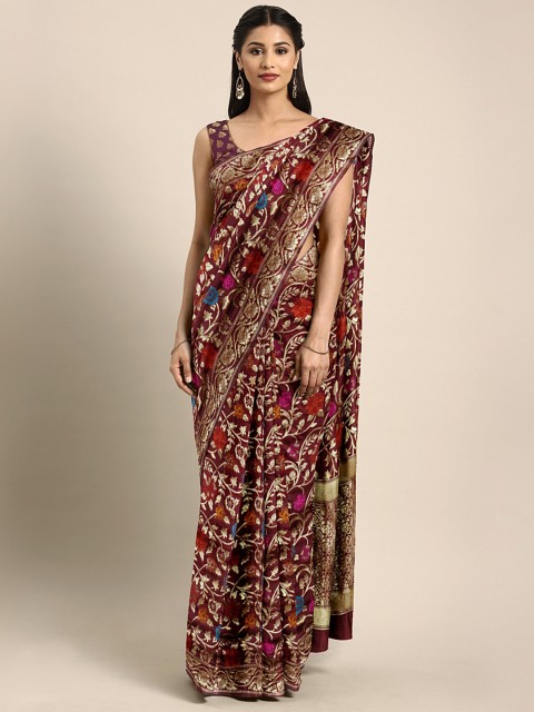 

Triveni Maroon & Gold-Toned Silk Blend Woven Design Saree