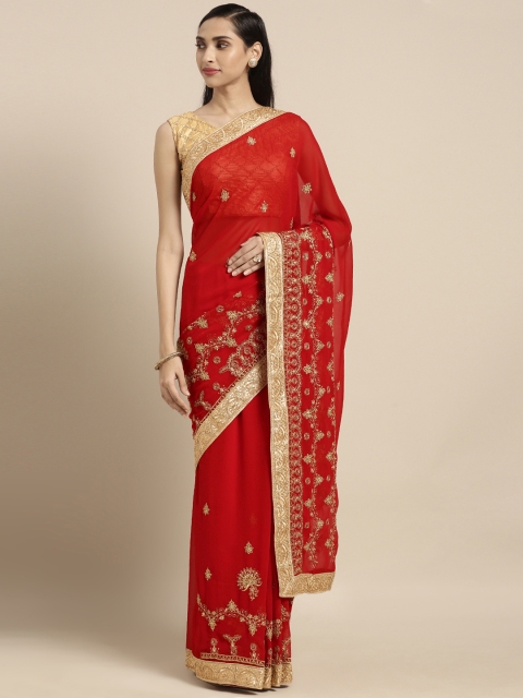 

Triveni Red Embroidered Poly Georgette Saree