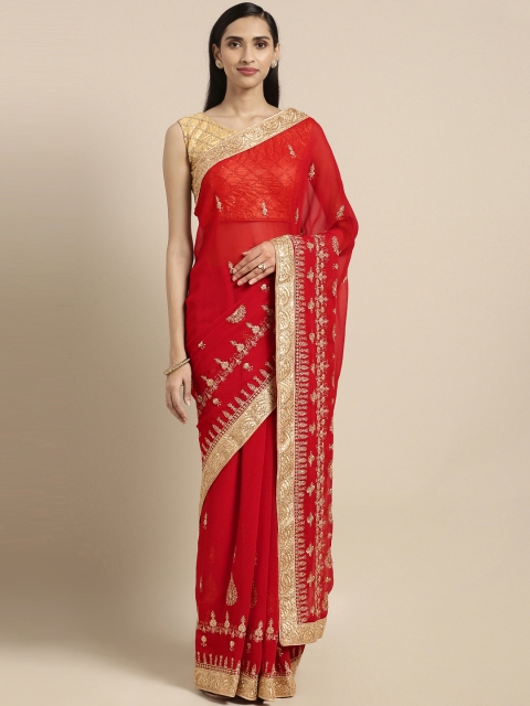 

Triveni Red Embroidered Poly Georgette Saree