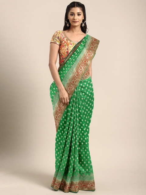 

Triveni Green & Gold-Toned Poly Crepe Woven Design Saree