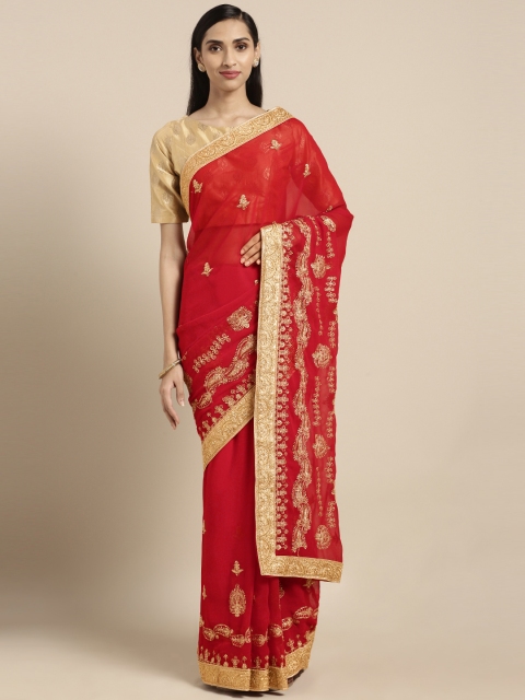 

Triveni Red Embroidered Poly Georgette Saree