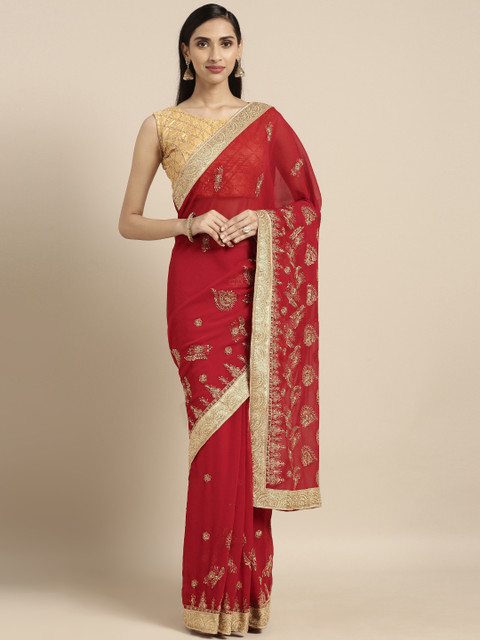 

Triveni Red & Gold-Toned Poly Georgette Embellished Saree