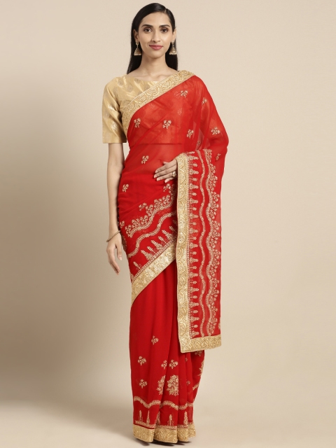 

Triveni Red Embroidered Poly Georgette Saree