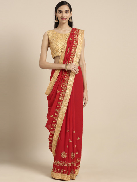 

Triveni Red Embellished Poly Georgette Saree