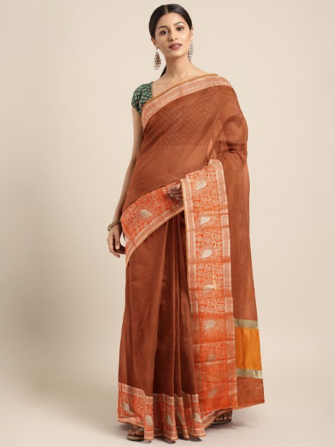 

Triveni Orange & Yellow Silk Cotton Checked Saree