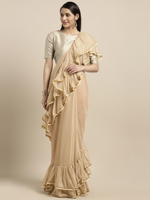

Triveni Beige Solid Net Ruffled Saree