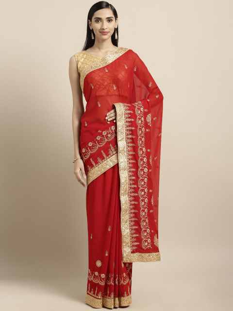 

Triveni Red Embroidered Poly Georgette Saree
