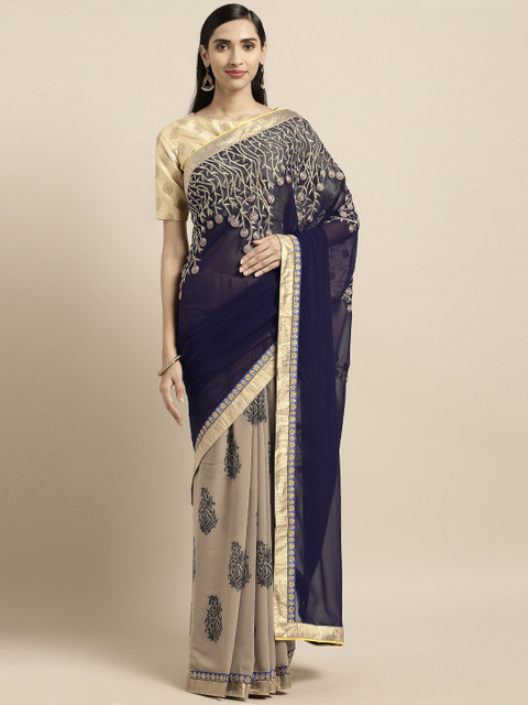 

Triveni Blue & Beige Poly Georgette Embroidered Saree