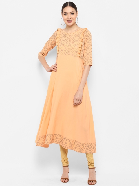 

Janasya Women Peach-Coloured Printed A-Line Kurta