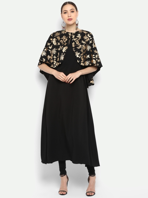 

Janasya Women Black Floral Print Detail A-Line Kurta