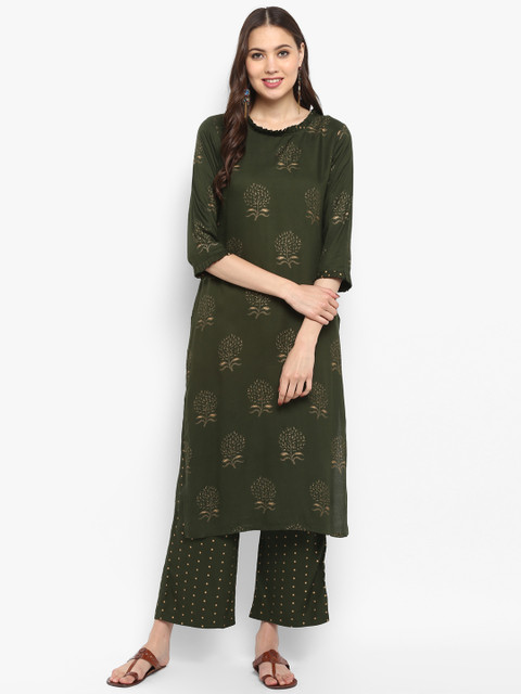 

Janasya Women Green Printed Kurta with Trousers