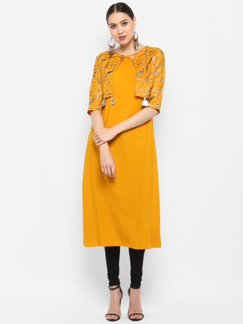 

Janasya Women Yellow Quirky Print A-Line Kurta with Short Jacket
