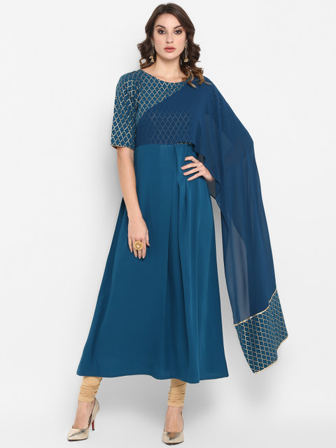 

Janasya Women Teal Blue Printed A-Line Kurta