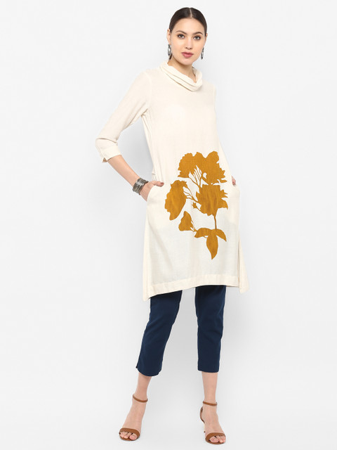 

Janasya Women Off-White Floral Print A-Line Kurta