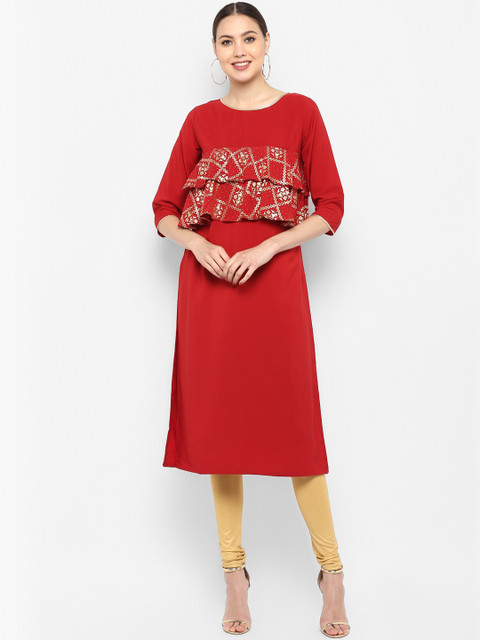 

Janasya Women Maroon Printed Straight Kurta