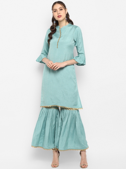 

Janasya Women Sea Green Solid Kurta with Sharara