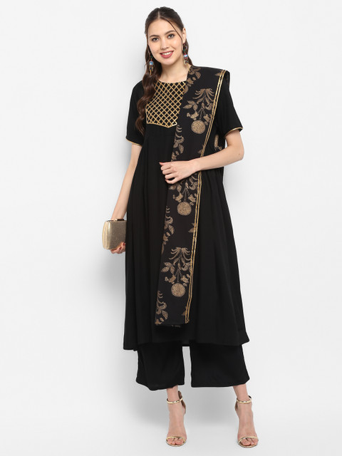 

Janasya Women Black Solid Kurta with Palazzos & Dupatta