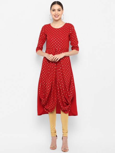 

Janasya Women Maroon Printed A-Line Asymmetric Dhoti Style Kurta